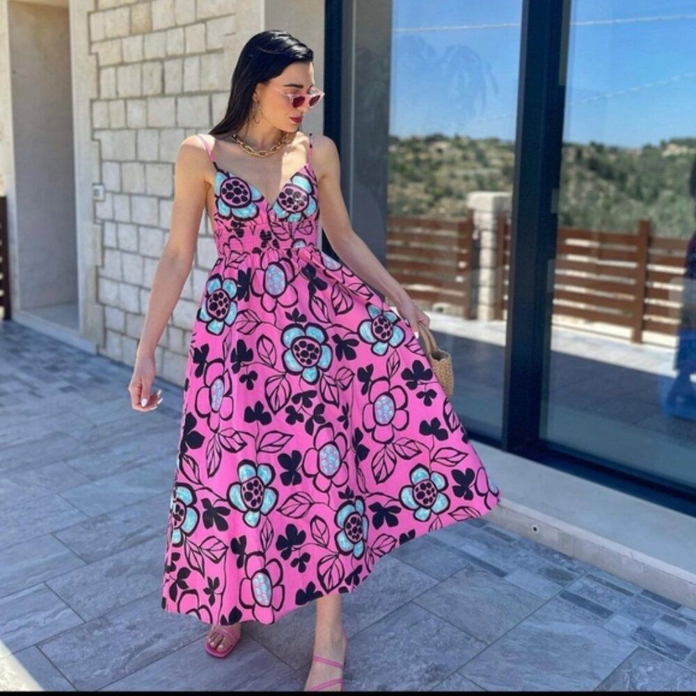 Zara Size XL Printed Poplin Midi Dress Floral Spaghetti Straps Pink Black NWT